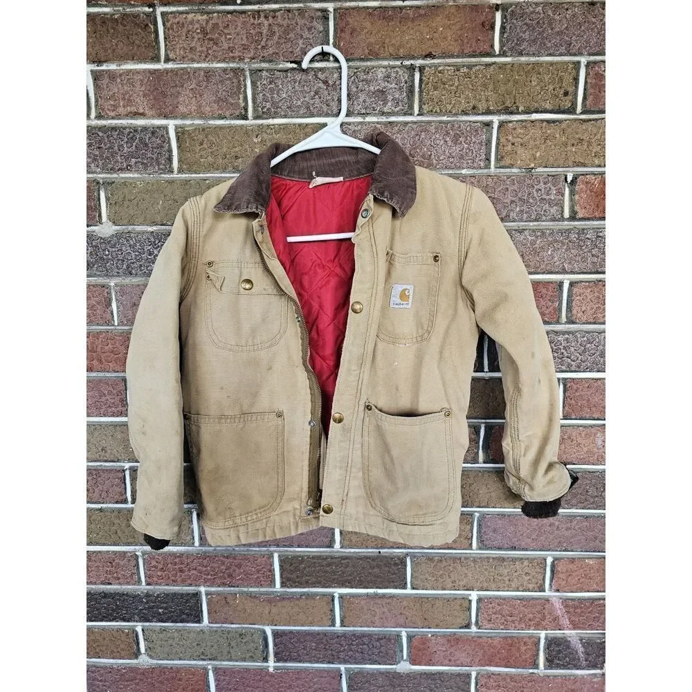 Vtg Carhartt Barn Chore Coat Jacket‎ Sz Youth 10 Brown Coon Hunt With plotts USA
